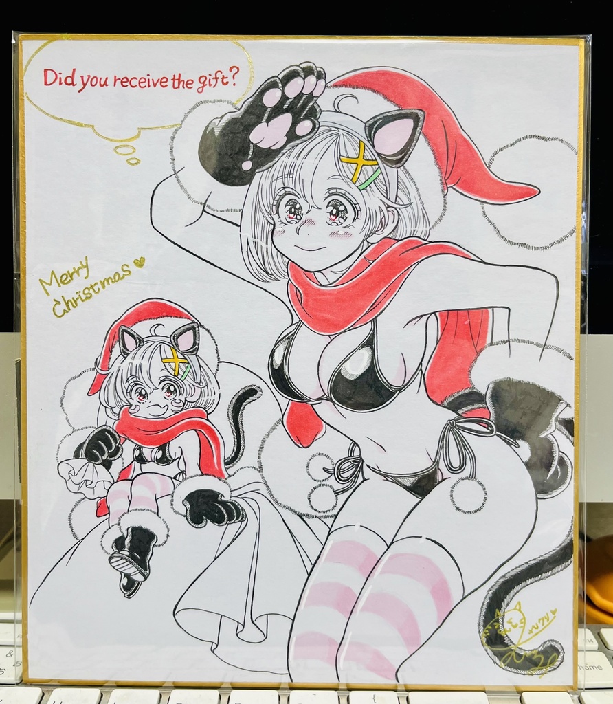 直筆中色紙『あずきサンタとチビあずサンタのMerry Christmas』