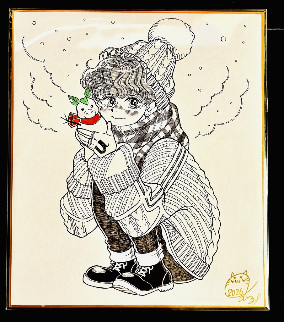 直筆中色紙『ウグさんと午年雪だるま🐦🐴⛄️』