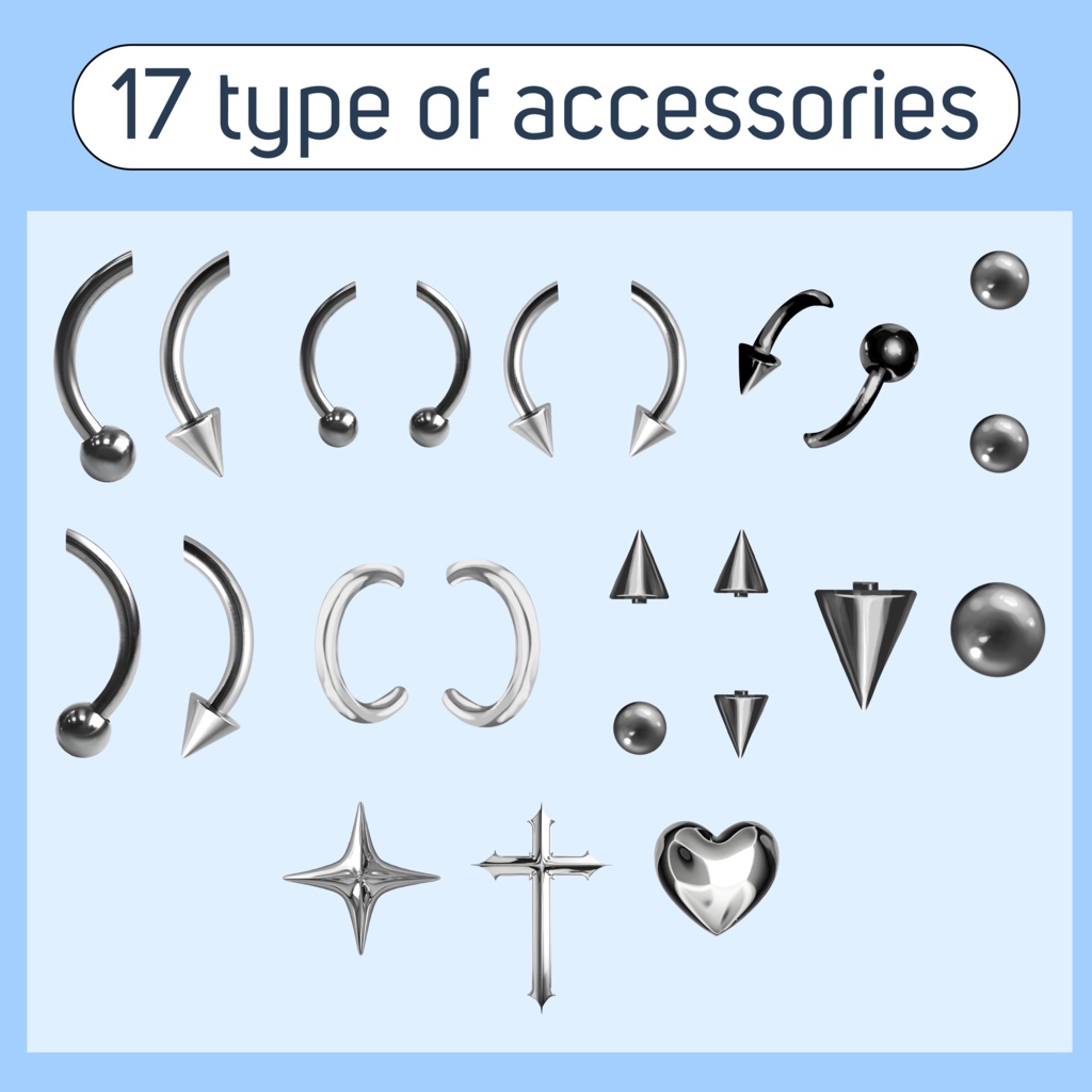A set of 17 customizable accessories for VTube Studio – piercings, clips, and pendants