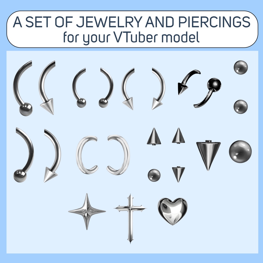 A set of 17 customizable accessories for VTube Studio – piercings, clips, and pendants