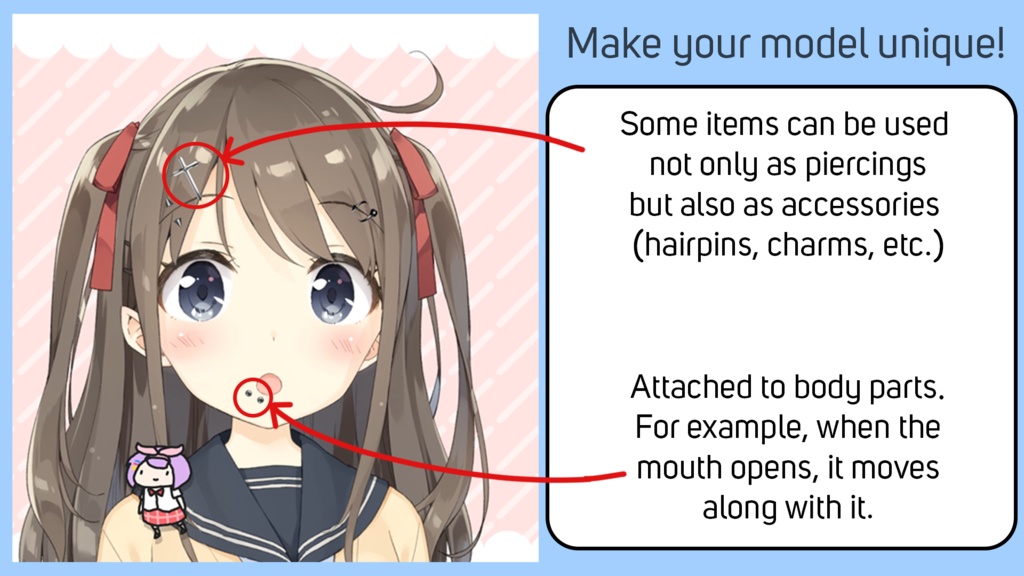 A set of 17 customizable accessories for VTube Studio – piercings, clips, and pendants