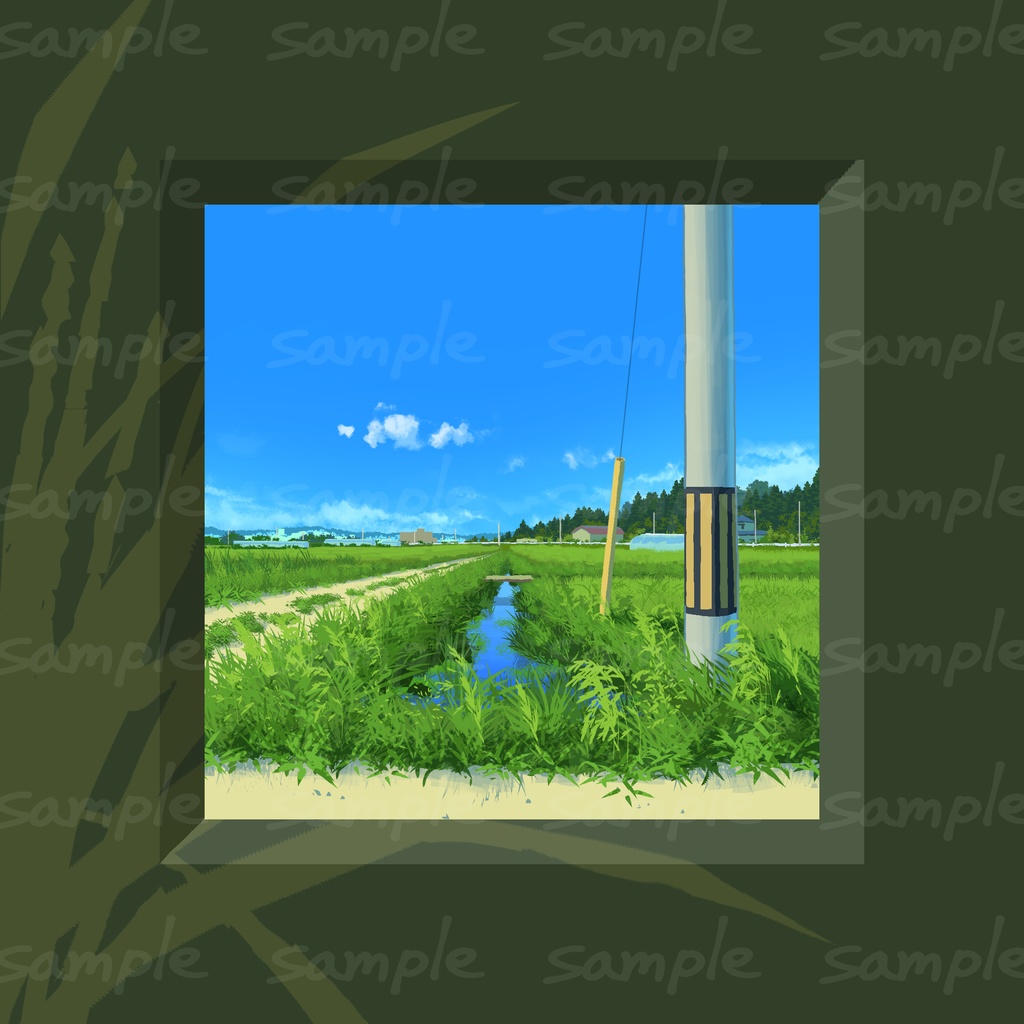 ミニ風景画_素掘り水路と田んぼ