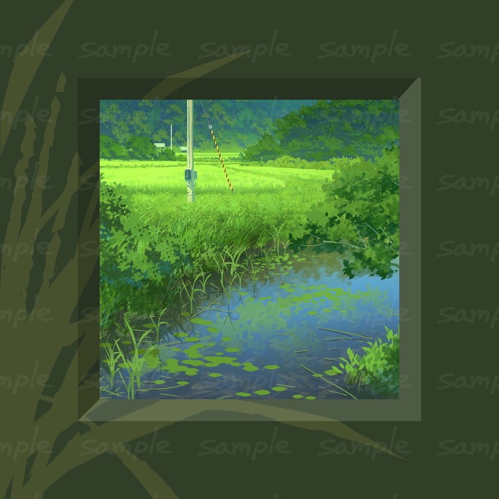 ミニ風景画_ため池と田んぼ
