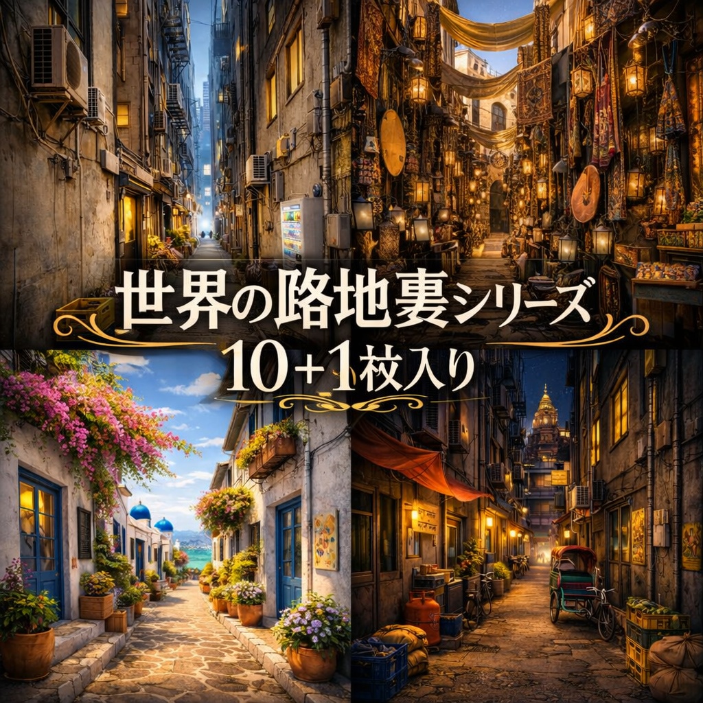世界の路地裏（東京・国内地方・インド・ギリシャ・バリ島）10枚＋おまけ１枚｜配信・ゲーム背景素材｜朝・夕・夜 【16:9】