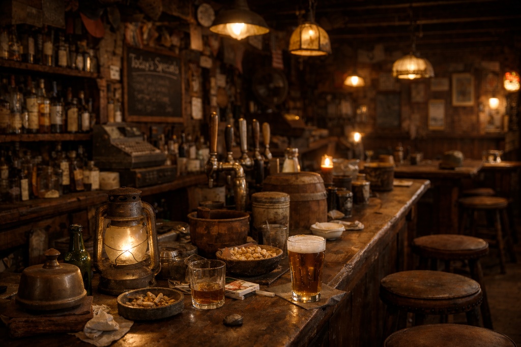 海外酒場|重厚ヴィンテージ|配信・ゲーム背景素材|朝・夕・夜 【16:9】