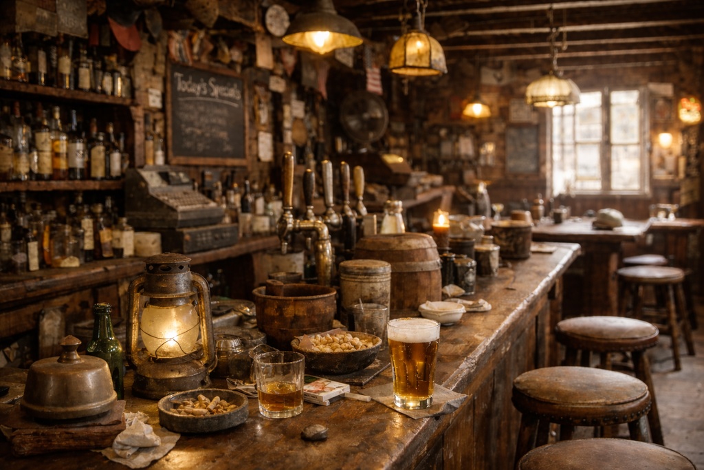 海外酒場|重厚ヴィンテージ|配信・ゲーム背景素材|朝・夕・夜 【16:9】