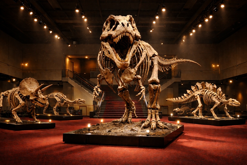 ニューヨーク 恐竜博物館|展示ホール|配信・ゲーム背景素材|朝・昼・夜【16:9】
