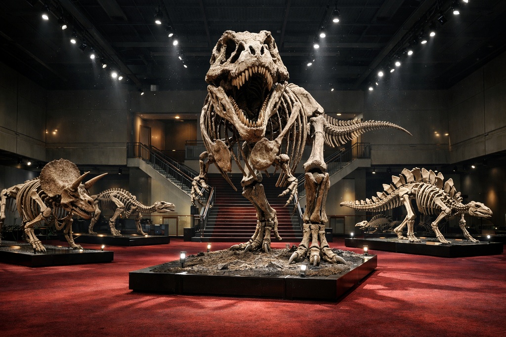 ニューヨーク 恐竜博物館|展示ホール|配信・ゲーム背景素材|朝・昼・夜【16:9】