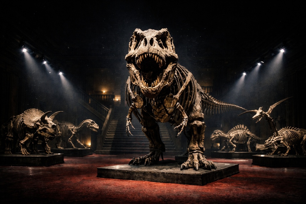 ニューヨーク 恐竜博物館|展示ホール|配信・ゲーム背景素材|朝・昼・夜【16:9】