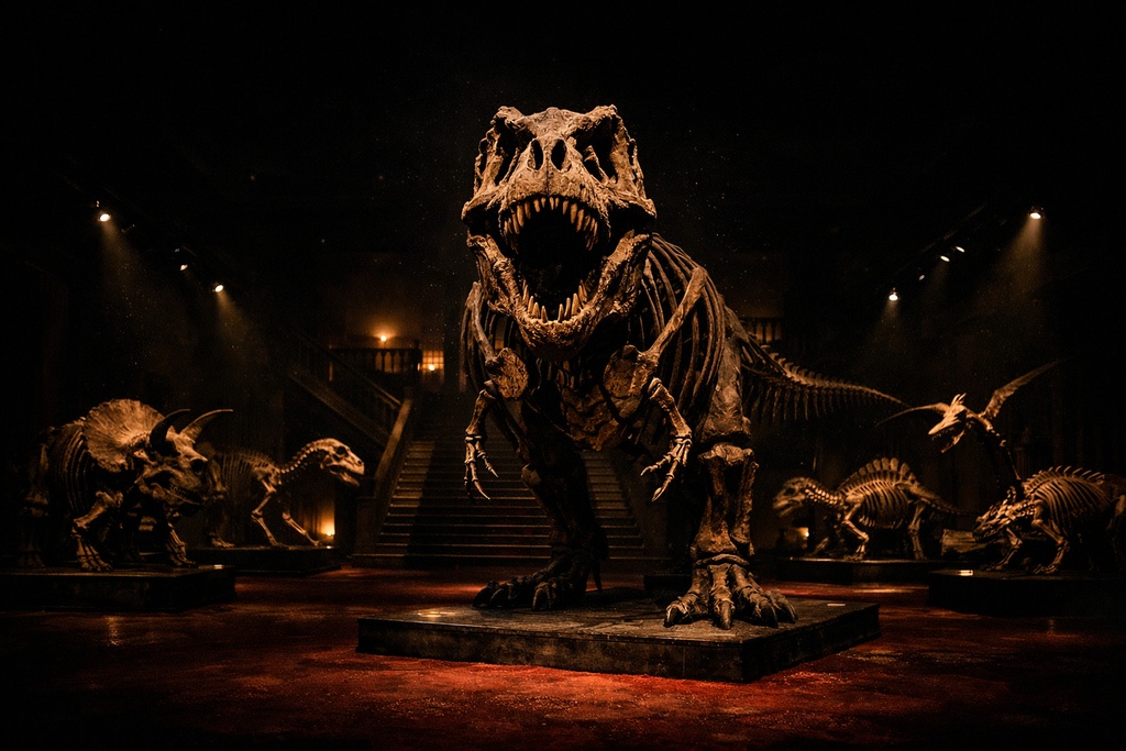 ニューヨーク 恐竜博物館|展示ホール|配信・ゲーム背景素材|朝・昼・夜【16:9】