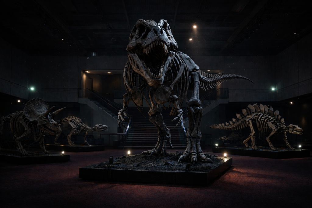 ニューヨーク 恐竜博物館|展示ホール|配信・ゲーム背景素材|朝・昼・夜【16:9】
