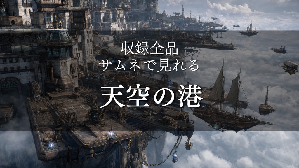 【天空の港】10枚｜空飛ぶ船・空中港｜配信・ゲーム背景素材【16:9】