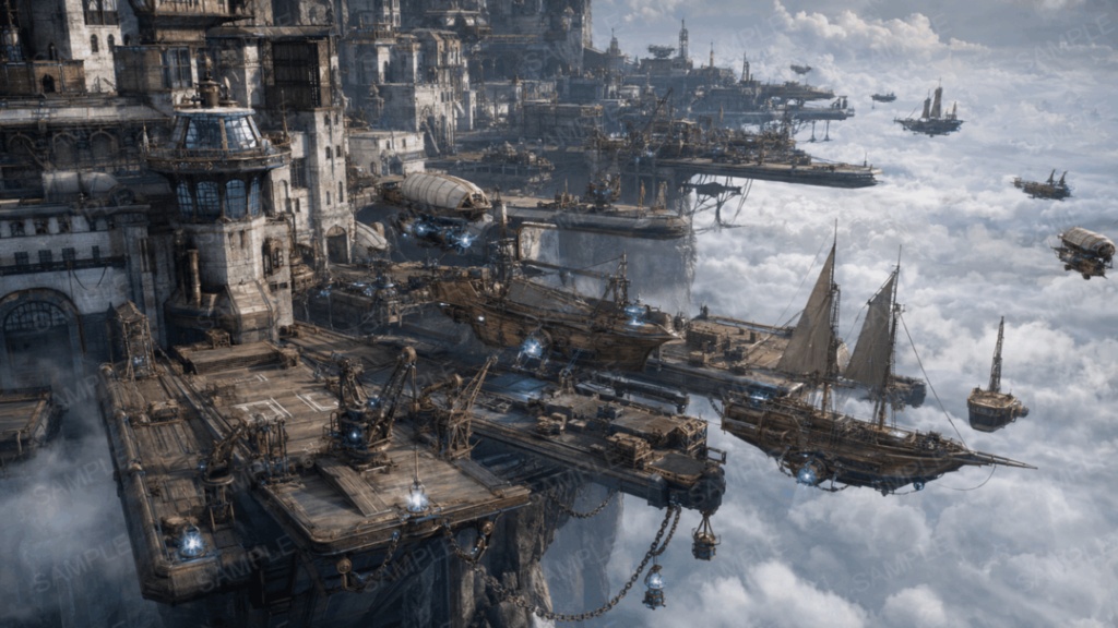 【天空の港】10枚|空飛ぶ船・空中港|配信・ゲーム背景素材【16:9】