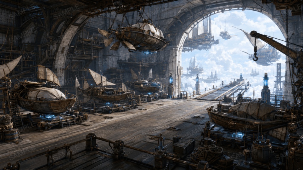 【天空の港】10枚|空飛ぶ船・空中港|配信・ゲーム背景素材【16:9】