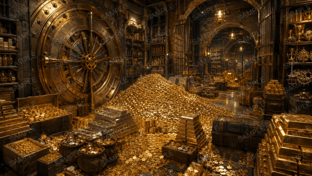 【財宝】10枚|宝物庫・金貨・宝石|配信・ゲーム背景素材【16:9】