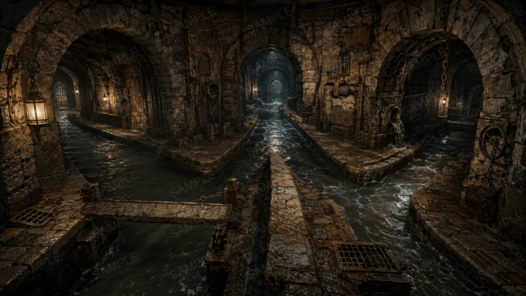 【王都地下区画・巨大地下水道】10枚|ファンタジー|配信・ゲーム背景素材【16:9】