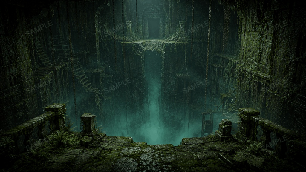 【古代地下迷宮・行き止まり】10枚入り|苔むした遺跡|ダンジョン|配信・ゲーム背景素材【16:9】