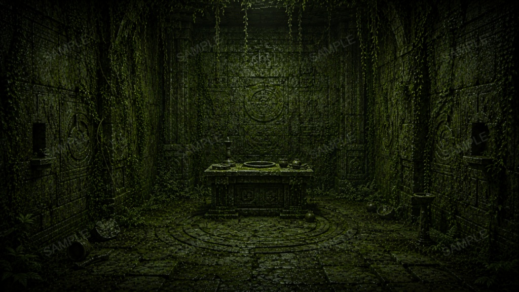 【古代地下迷宮・行き止まり】10枚入り|苔むした遺跡|ダンジョン|配信・ゲーム背景素材【16:9】