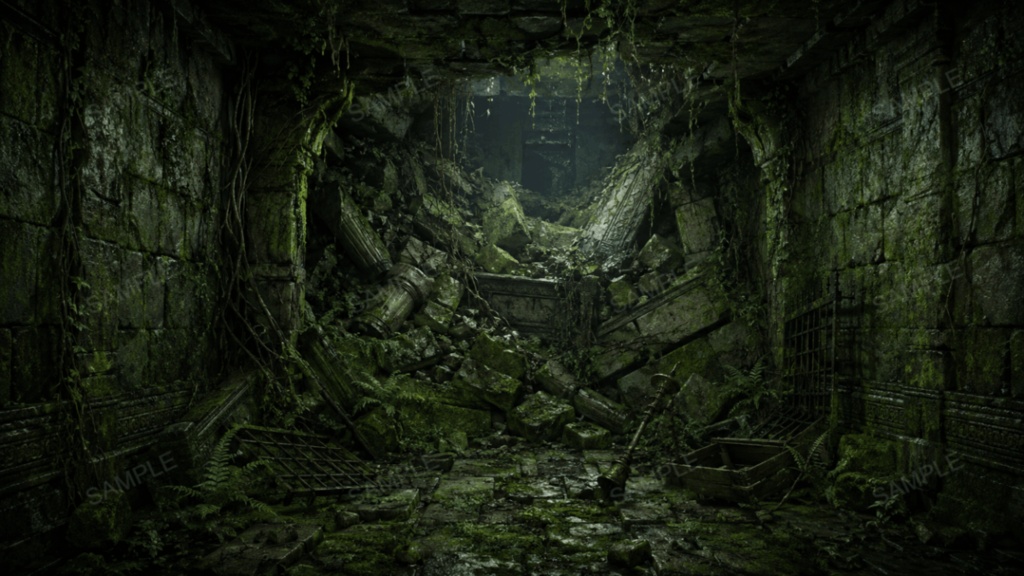 【古代地下迷宮・行き止まり】10枚入り|苔むした遺跡|ダンジョン|配信・ゲーム背景素材【16:9】