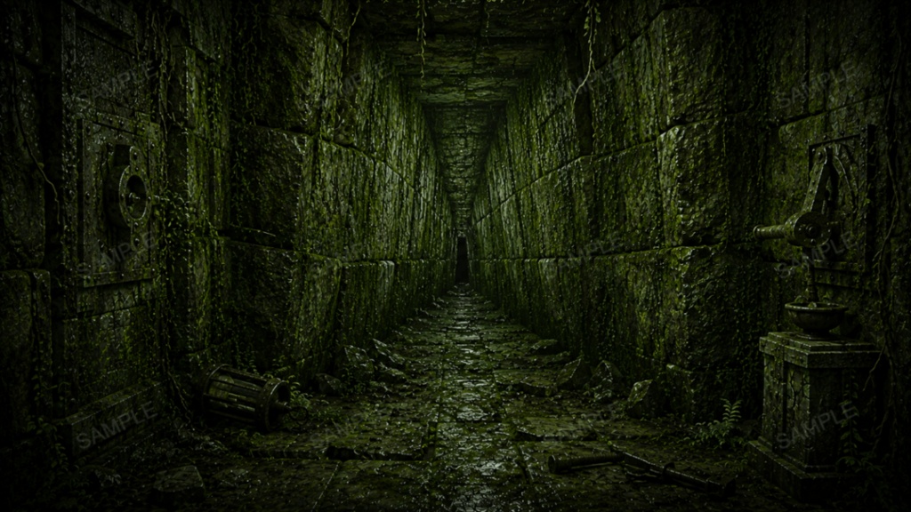 【古代地下迷宮・行き止まり】10枚入り|苔むした遺跡|ダンジョン|配信・ゲーム背景素材【16:9】
