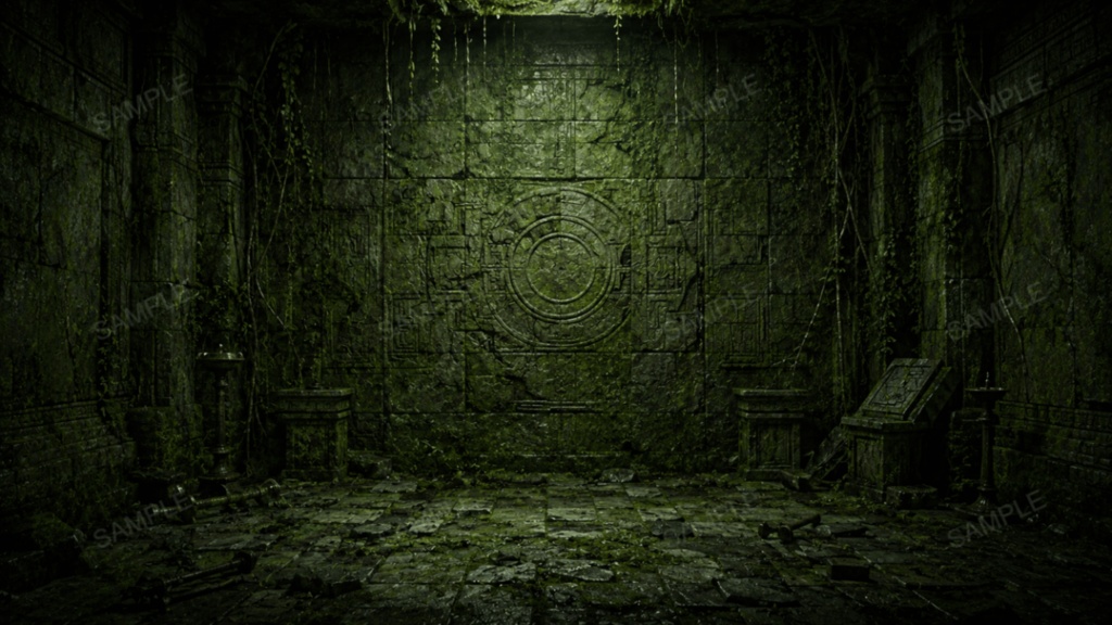 【古代地下迷宮・行き止まり】10枚入り|苔むした遺跡|ダンジョン|配信・ゲーム背景素材【16:9】