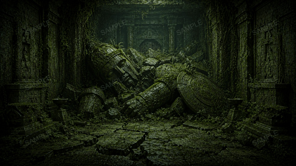 【古代地下迷宮・行き止まり】10枚入り|苔むした遺跡|ダンジョン|配信・ゲーム背景素材【16:9】