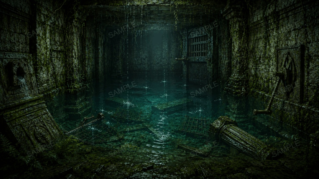 【古代地下迷宮・行き止まり】10枚入り|苔むした遺跡|ダンジョン|配信・ゲーム背景素材【16:9】