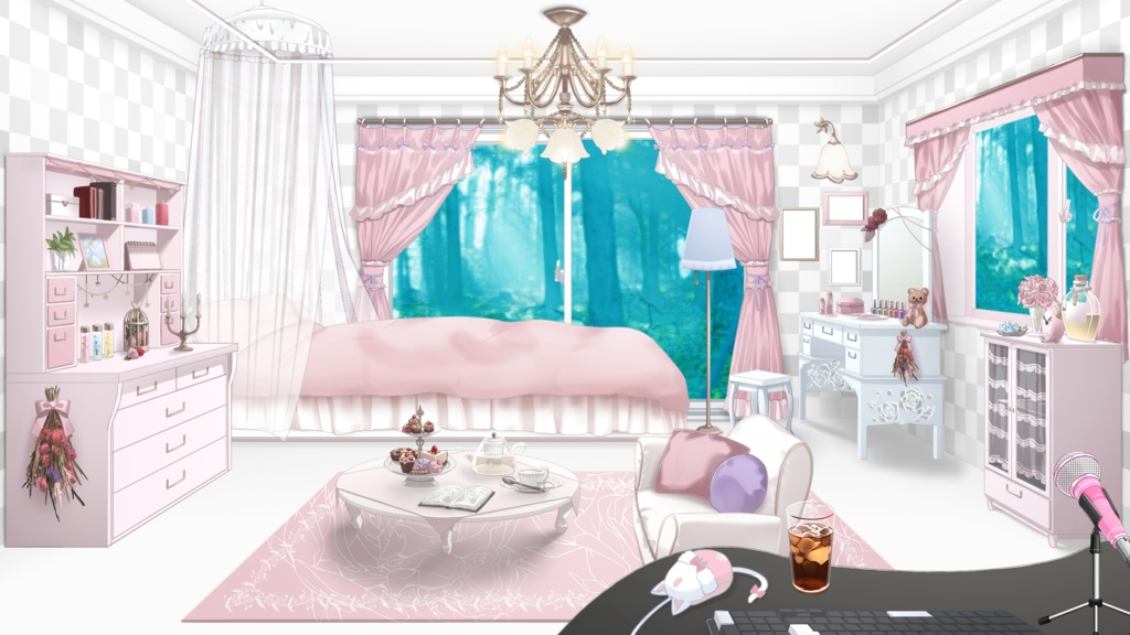 可愛い窓・カーテンセット.2【うさねこ式カスタムお部屋配信枠/配信背景】