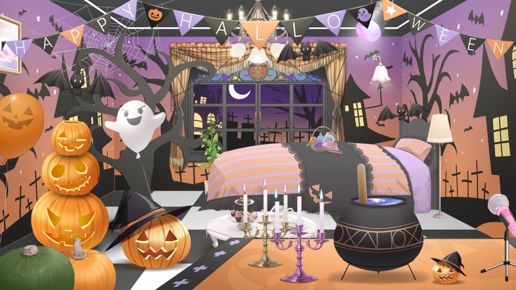 ハロウィンパーティお部屋セットVol.3(墓地・お化け・壁紙・背景)【ハロウィン配信背景素材】