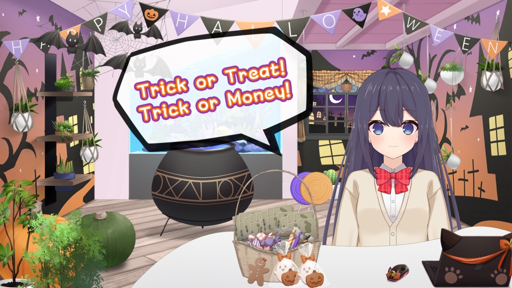 【フリー素材】ハロウィンパーティお菓子セット(キャンディ・クッキー・チョコ・ドーナツ)【配信背景/配信枠】