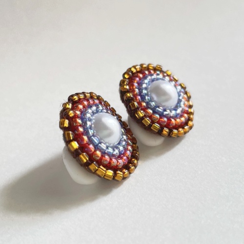 夏カラー☆パールイヤリング/ブラウン×レッドブルー