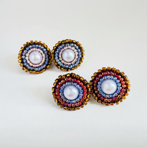 夏カラー☆パールイヤリング/ブラウン×レッドブルー