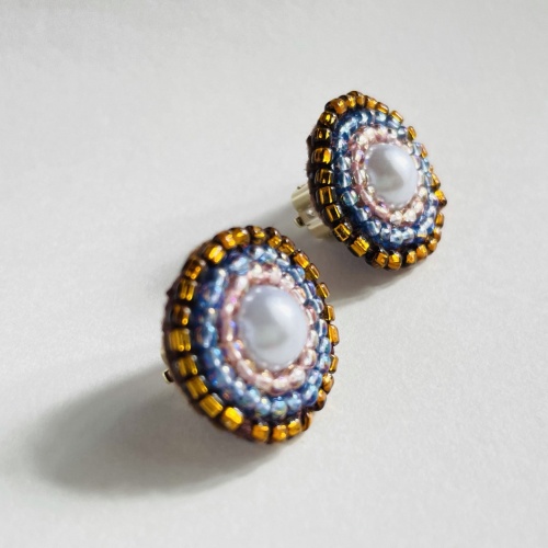 夏カラー☆パールイヤリング/ブラウン×ブルーピンク