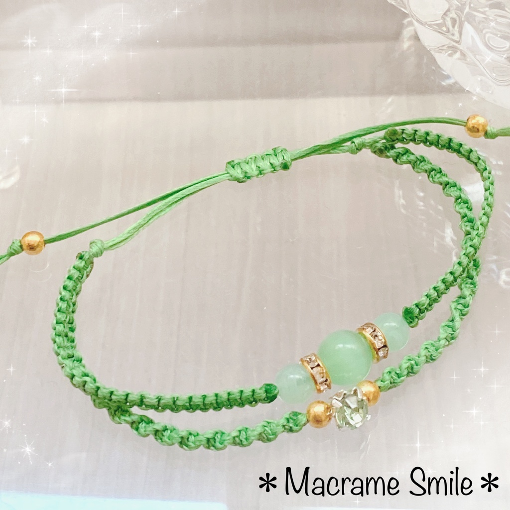 キャッツアイ 推しカラー グリーン ＊ マクラメ 2連ブレスレット 天然石