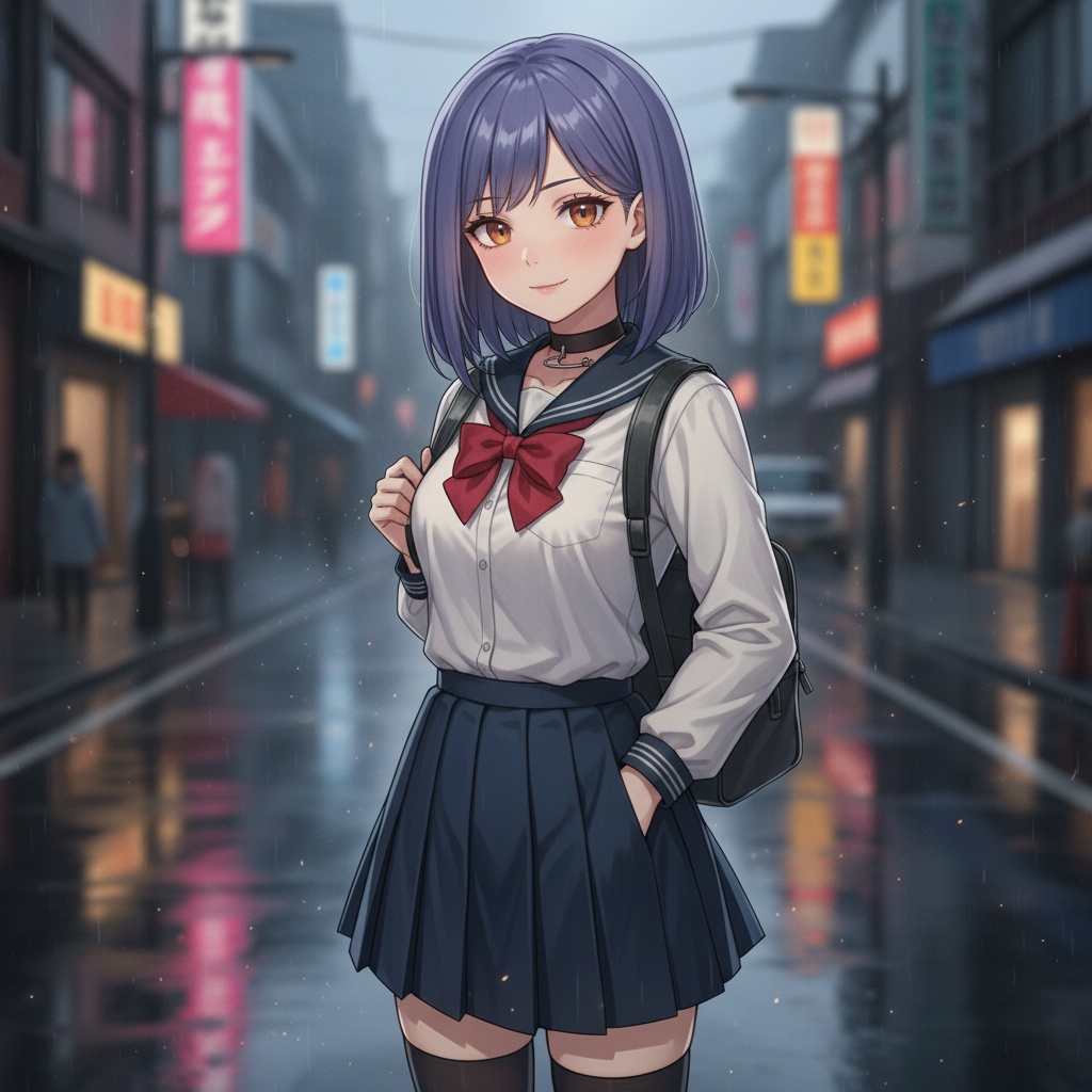 「Rainy Street Girl」— チョーカーの少女、雨の街にて(AI Art)
