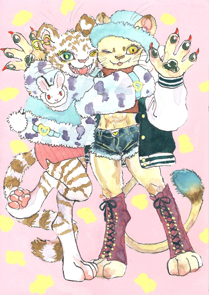 水彩原画「モコモコとららいおん」