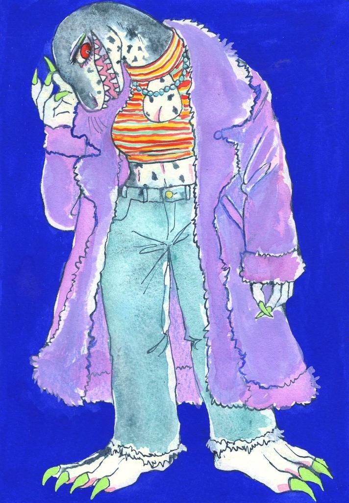 水彩原画「紫のファーコート」