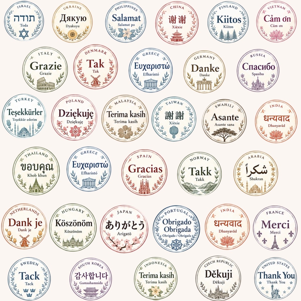 世界のありがとう デジタルペーパー3枚セット|アンティーク風メダリオン・多国籍文字・くすみカラー・コラージュ素材
