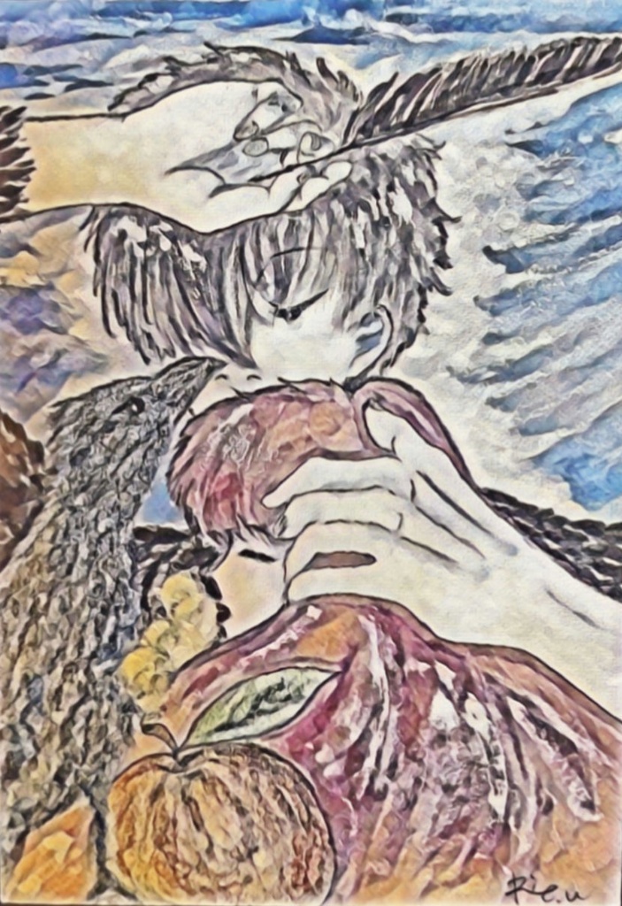 カラスとりんごTシャツ ブラック