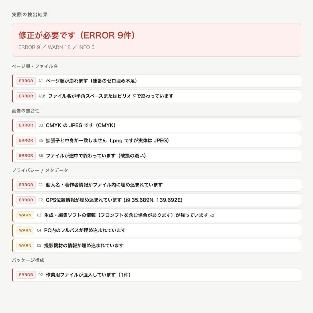 同人入稿チェッカー ─ 入稿前のミスと「作品に残った個人情報」を検出【インストール不要・完全オフライン】