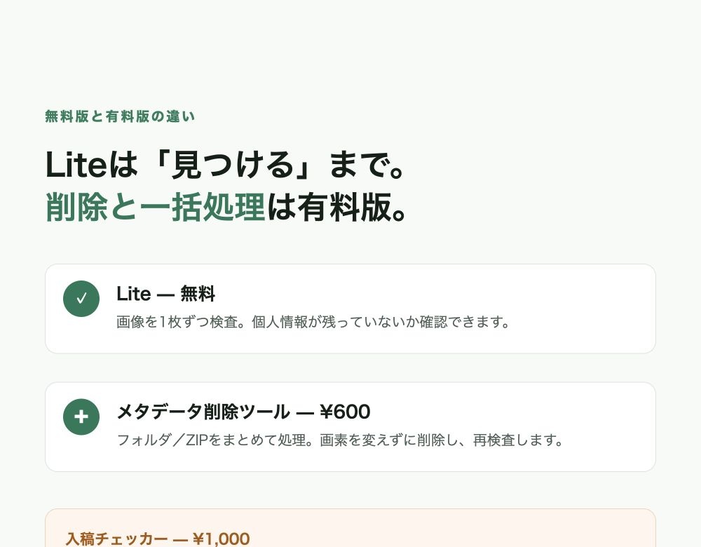 【無料】同人プライバシーチェッカー Lite ─ 本名・GPS・生成プロンプトを公開前に検査