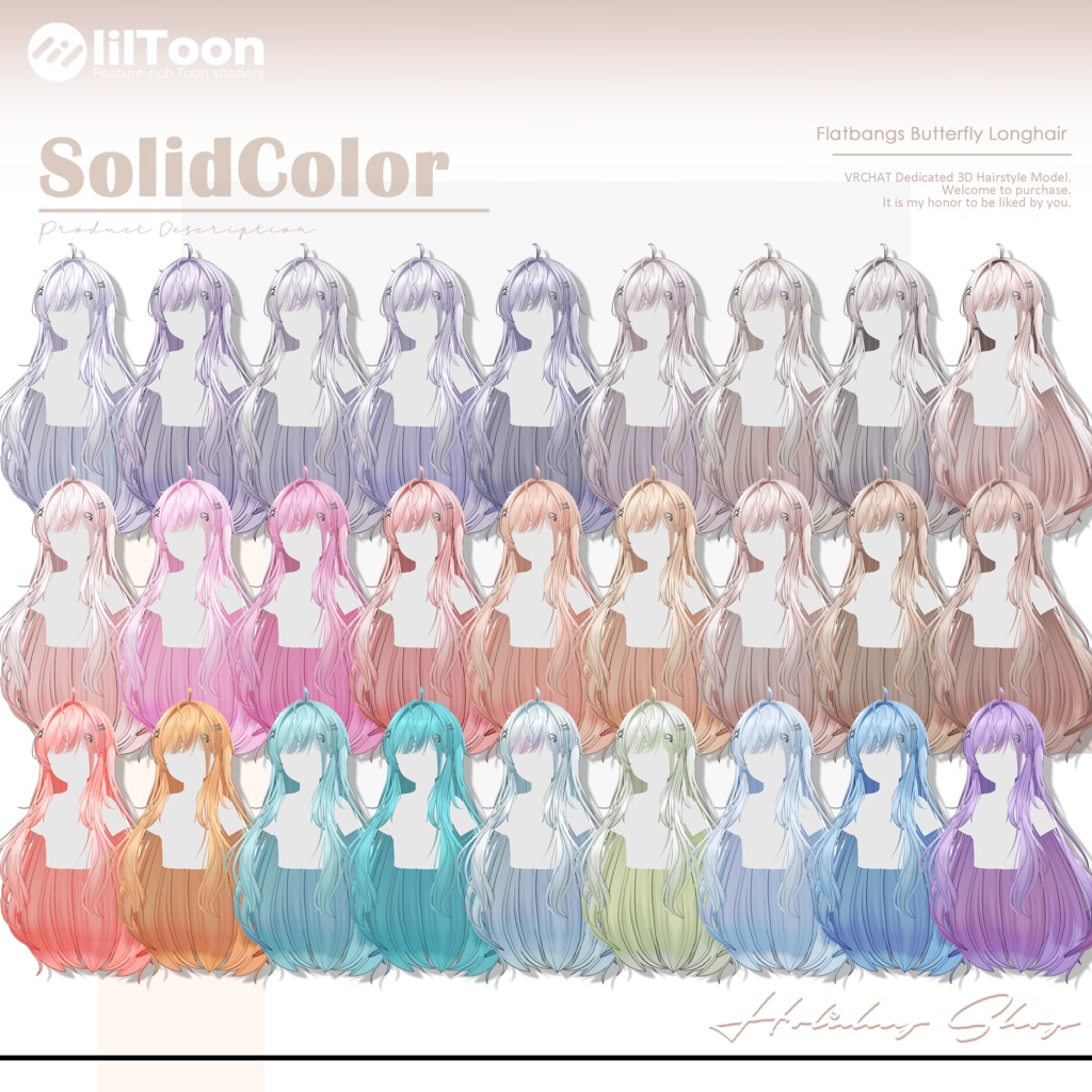 【19 avatars】【VRChat Hair】Flatbangs Butterfly Longhair