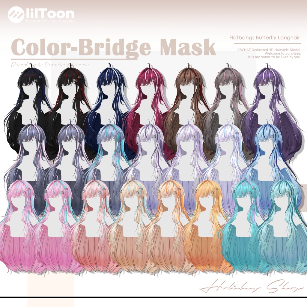 【19 avatars】【VRChat Hair】Flatbangs Butterfly Longhair