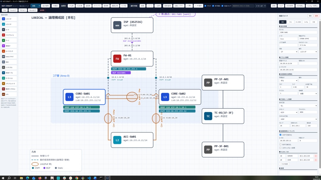 【近日販売予定】NET/DRAFT - ネットワーク構成図・ドキュメント自動生成ツール（Windows/macOS/Linux対応）