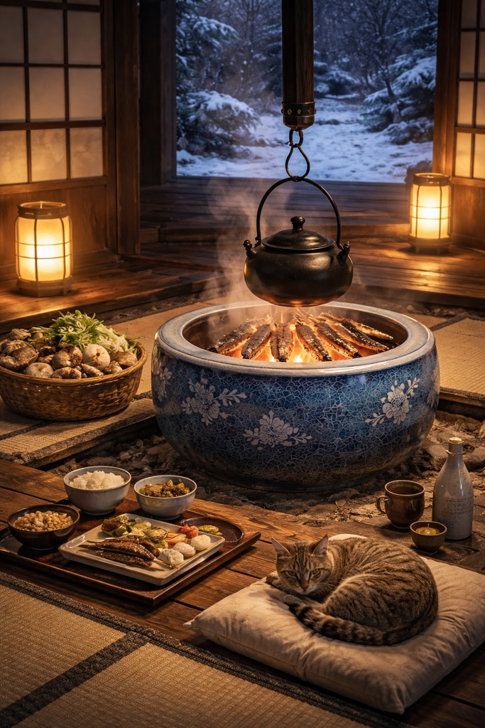 囲炉裏のあるあたたかい風景イラスト【和風・癒し・背景画像】