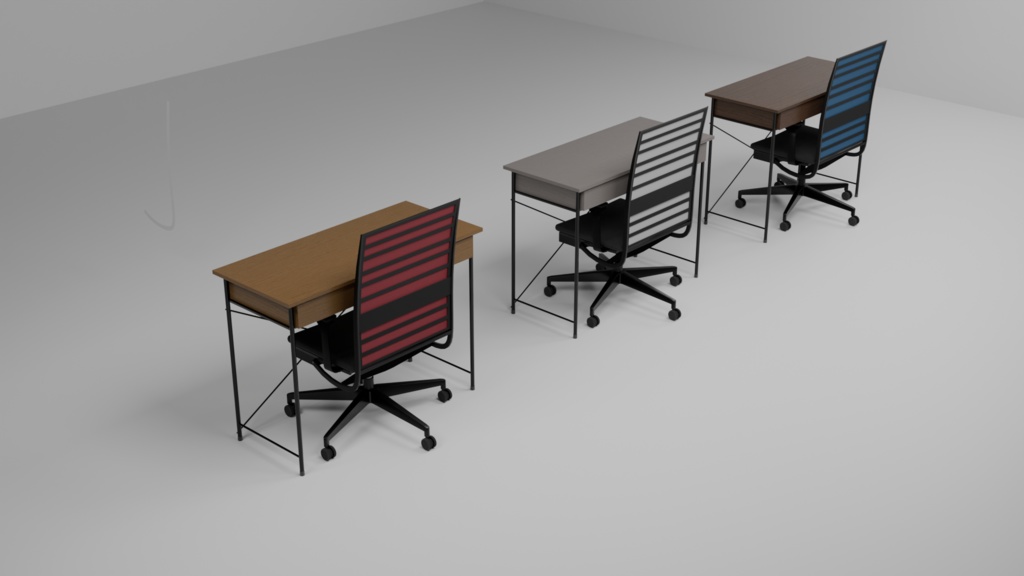 オフィスチェアと木目デスク_3Dモデル_Blender_3種のカラーバリエーション