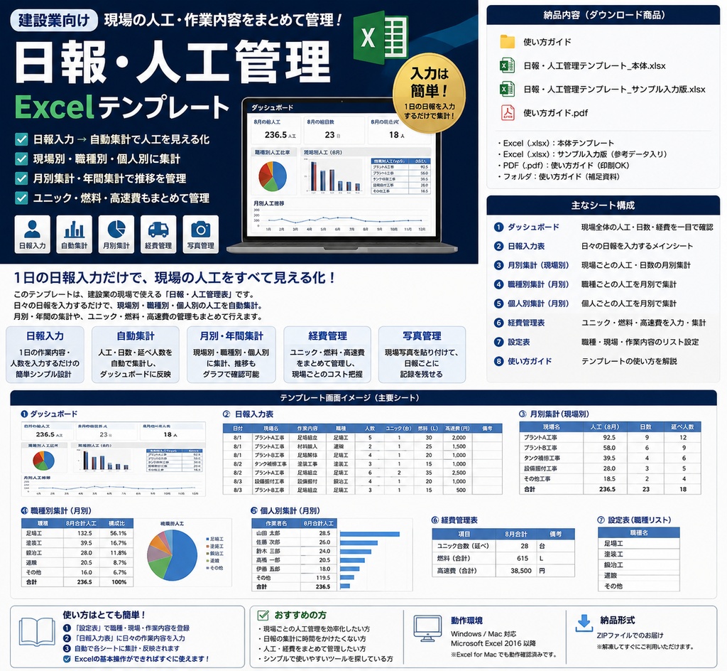 日報・人工管理Excelテンプレート