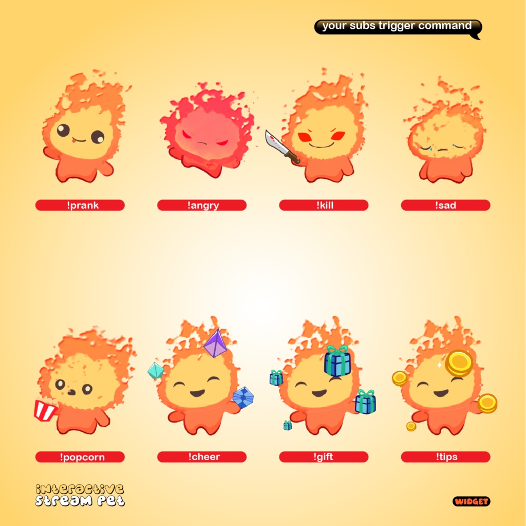 ファイヤースピリット・ストリームペットオーバーレイ|Twitch、YouTube、Facebook、Kick向け インタラクティブなアニメーションバーチャルペット