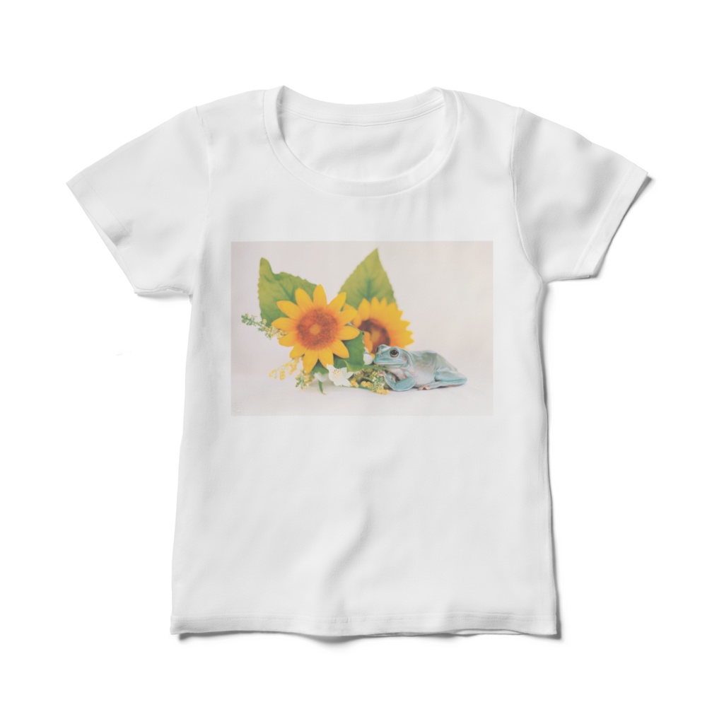 カエルとヒマワリのレディースTシャツ(ホワイト)