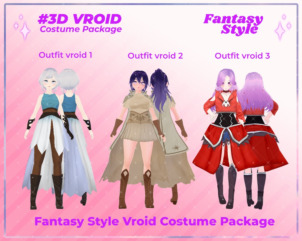3D VRoid Outfit Pack Warrior & Enchanted Fantasy Dresses for VRoid Models | VRoid Clothes, VRoid Adventurer Fashion, VRoid RPG Outfit